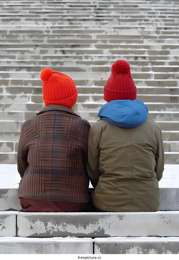 Two People Sitting On Stairs Wearing Red Hats