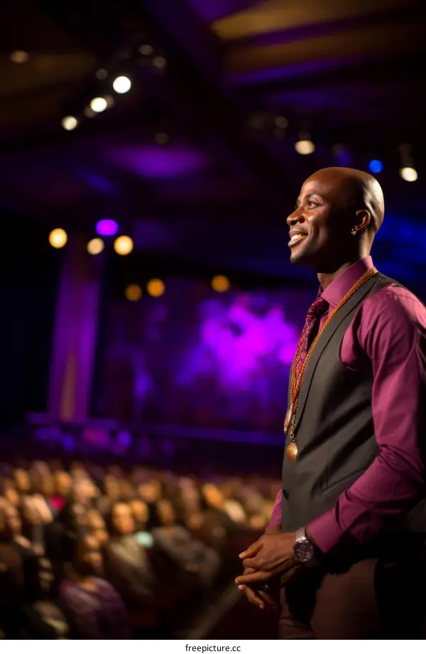 Smiling African American businessman looking out at audience