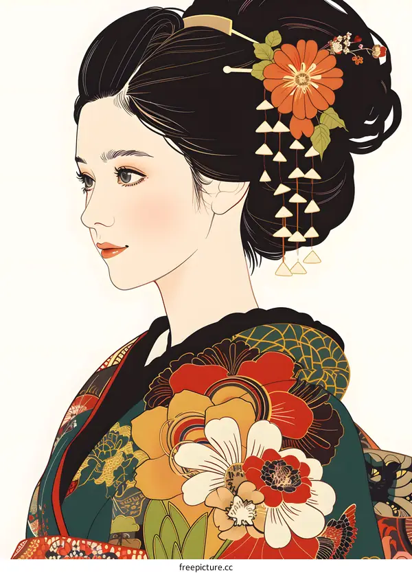 A beautiful Japanese woman wearing a kimono with a floral pattern
