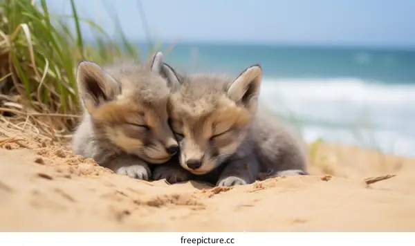 Cute Arctic Fox Kits Napping on the Beach