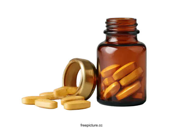 [Transparent Background PNG]Amber Glass Bottle with Yellow Pills