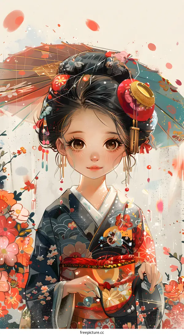 A beautiful Japanese girl in a kimono holding an umbrella