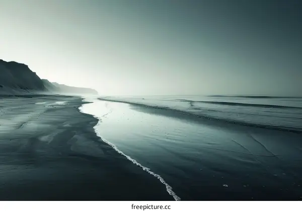 Black and white beach landscape with a small river running through it
