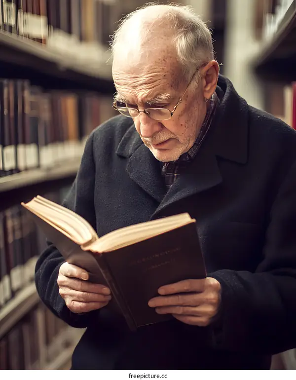 Senior Man Reading a Book in a Library