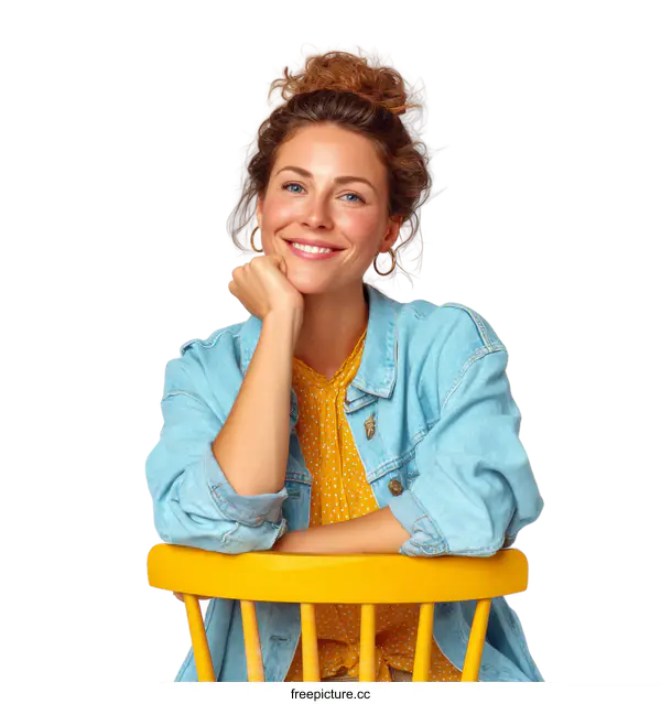 [Transparent Background PNG]Woman Sitting on Yellow Chair Smiling Portrait