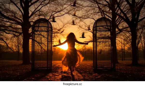 The girl runs out of the cage towards the sun