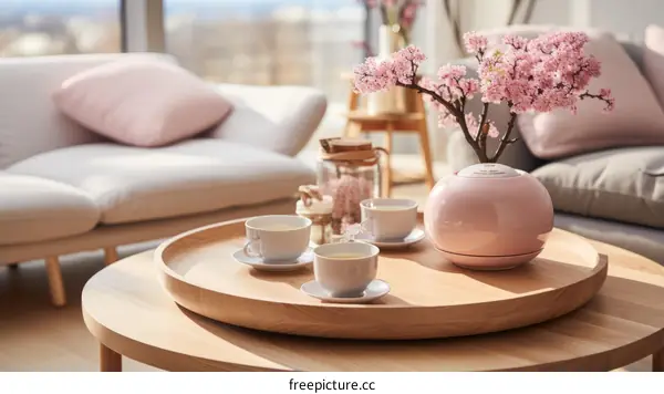 Elegant living room interior with pink furniture and cherry blossom
