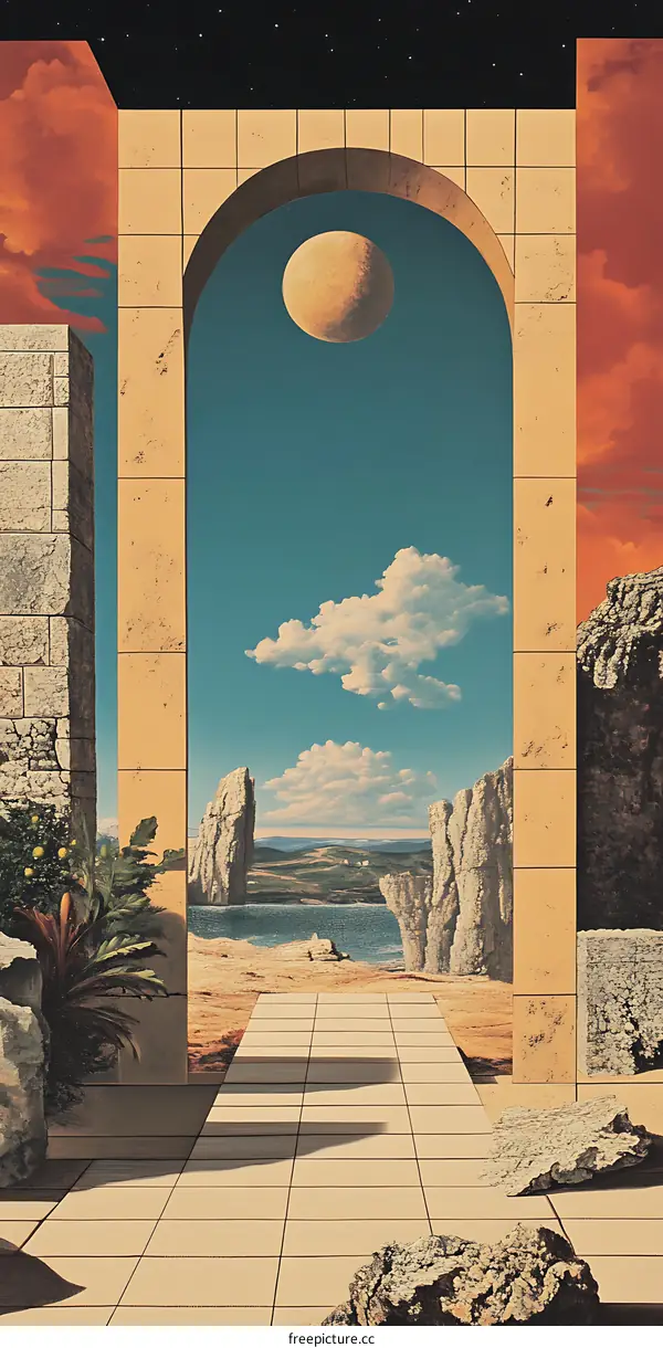 Surreal Landscape With Stone Archway and Moon