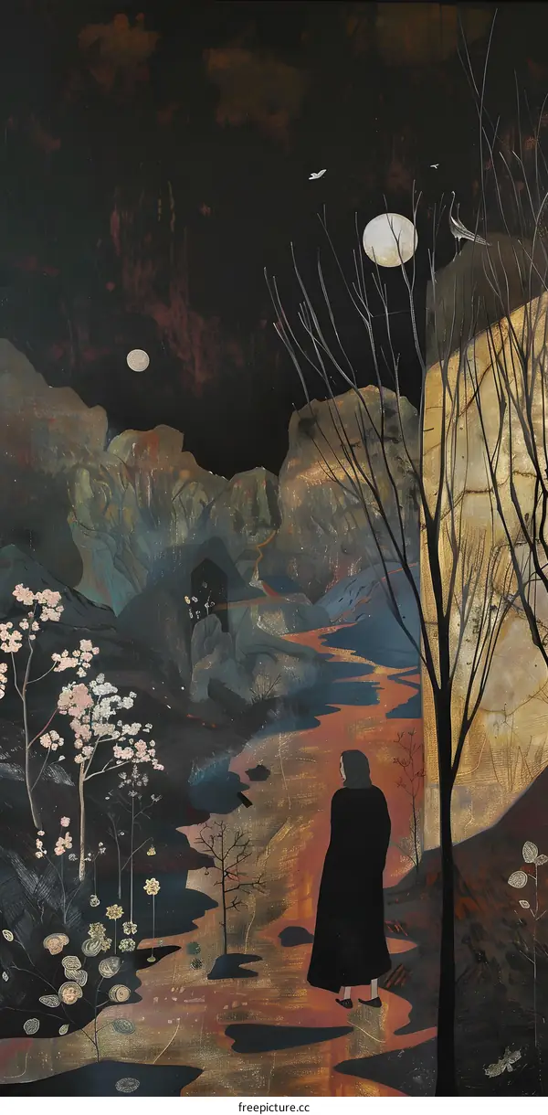 Woman in Black Walking Through a Surreal Landscape