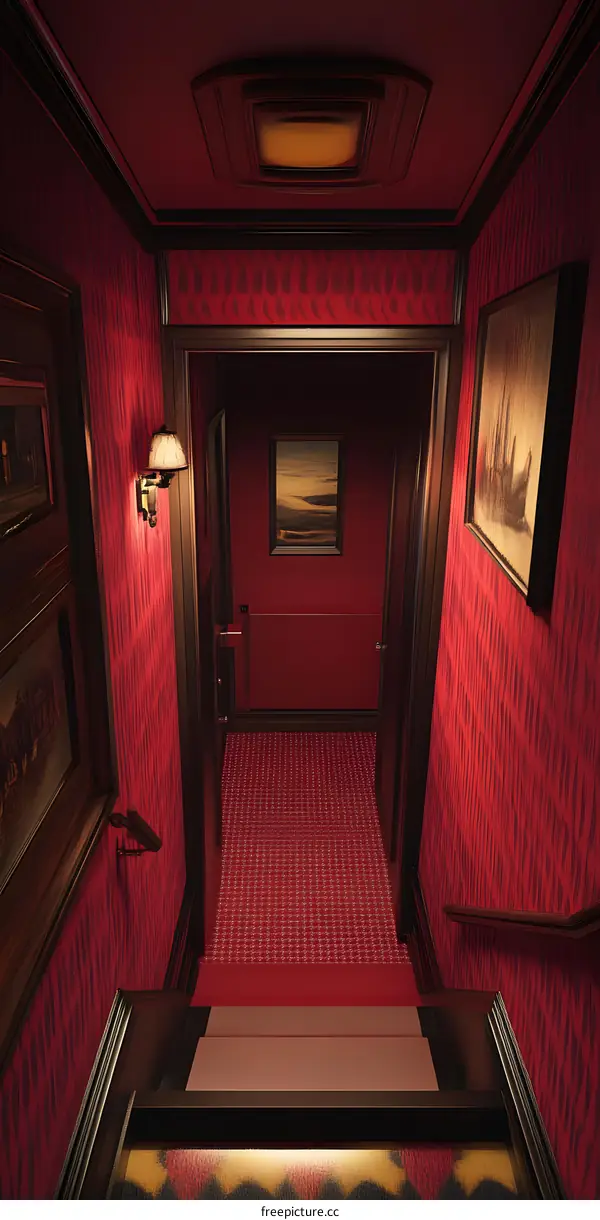 Red Staircase With  Pictures On the Wall and Carpeted Floor