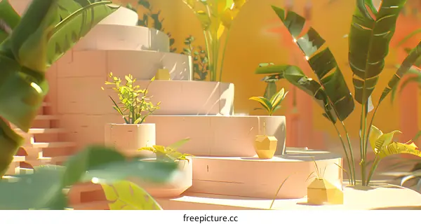 Minimalist 3D Illustration of a Garden with Pink Steps and Green Plants