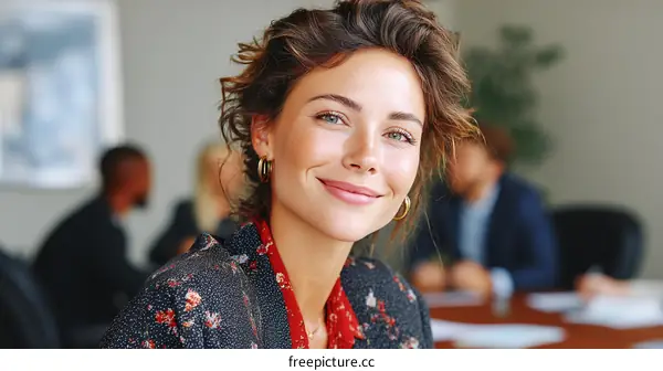 Smiling young businesswoman in formal meeting room setting