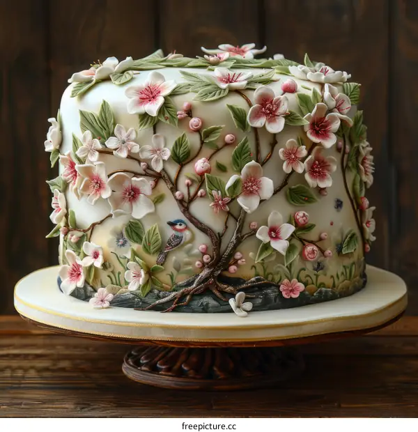 A Cake Adorned with Pink and White Flowers, Complete with a Bird