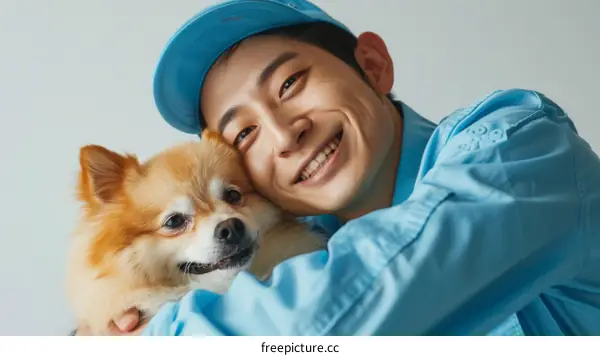 A smiling Asian man in a blue cap hugging a brown dog
