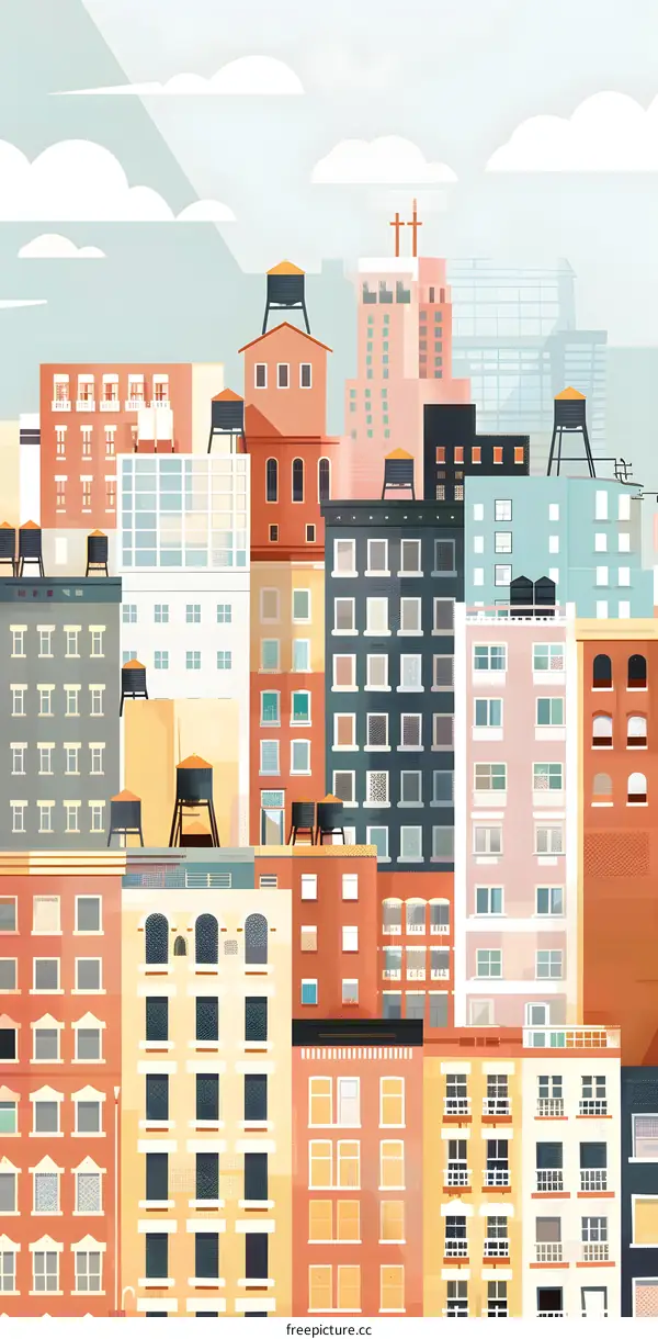 Colorful Illustration of Cityscape with Buildings and Water Towers