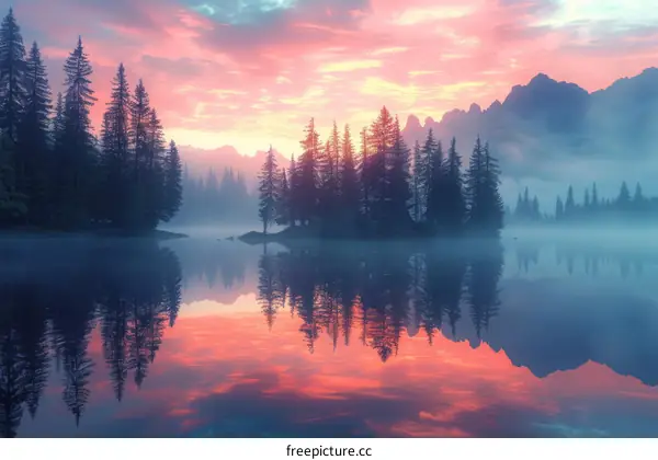 Misty Forest Lake at Sunrise