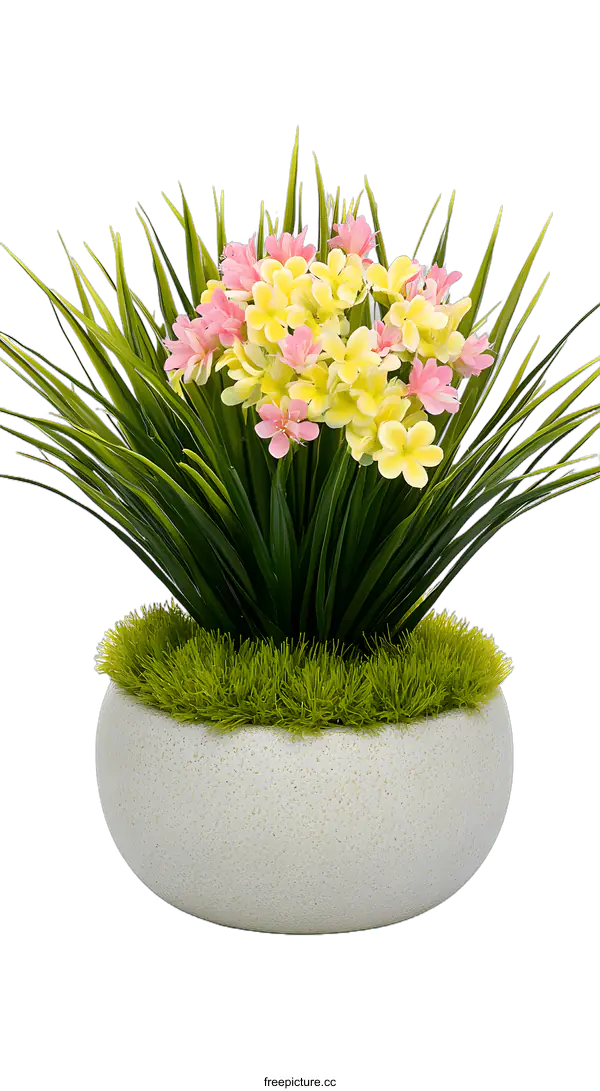 [Transparent Background PNG]Artificial Plant with Pink and Yellow Flowers in Pot