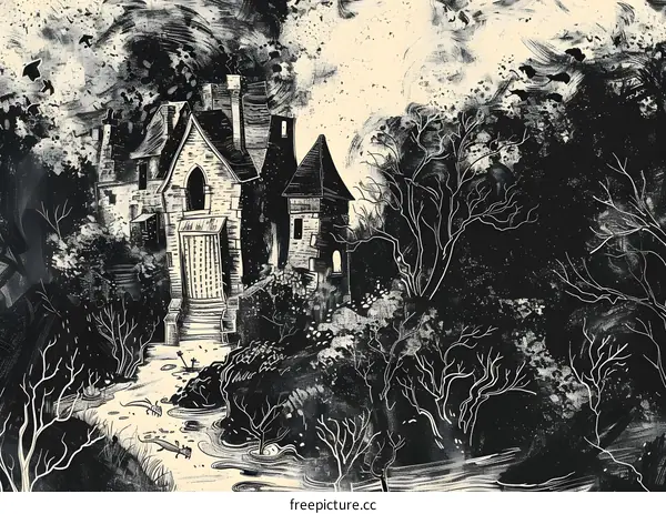 Black And White Illustration Of A Haunted House In The Woods