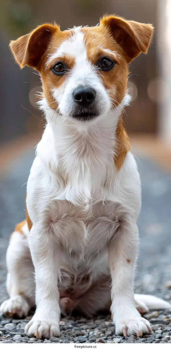 A cute brown and white dog is sitting on the ground and looking at the camera