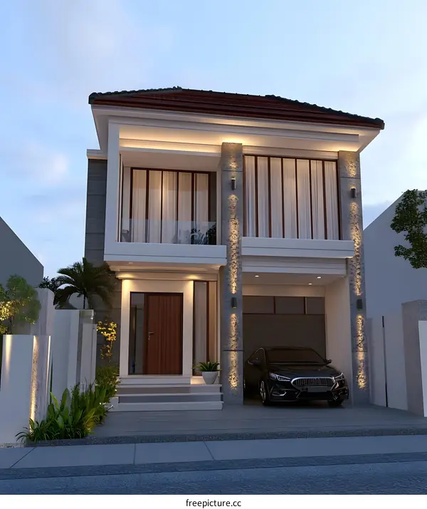 Modern Two Story House with Garage and a Car