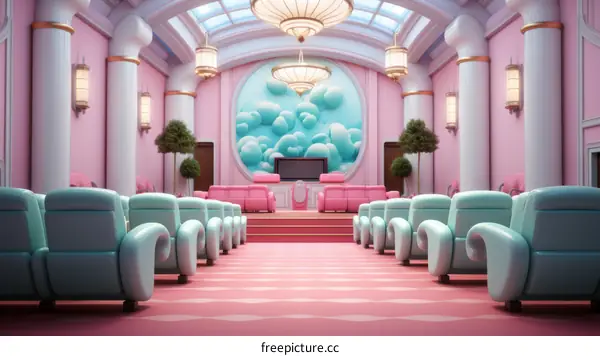 Pink and blue pastel surreal cartoon interior