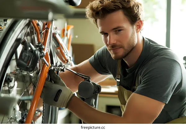 Man Working on a Bicycle in a Repair Shop