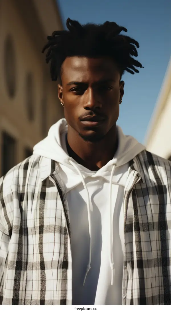 A young African-American man wearing a plaid shirt and a white hoodie