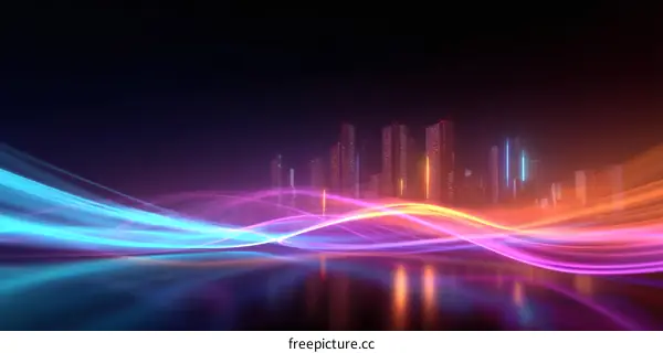Futuristic City Skyline with Neon Light Waves