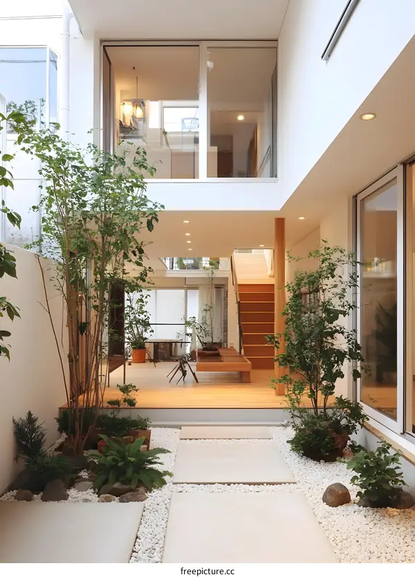 Modern Minimalist Japanese House with Zen Garden and White Pebble Pathway