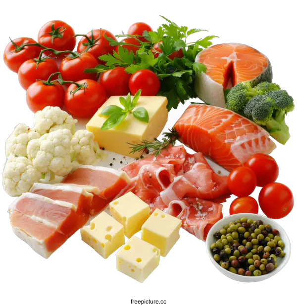 [Transparent Background PNG]Fresh food assortment with salmon, tomatoes and cheese