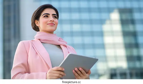 Young Woman with Tablet in Modern City