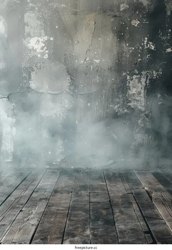 Grunge Wall with White Smoke and Old Wooden Floor