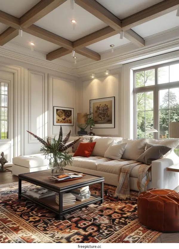 Modern Minimalist Living Room with Large Windows and Warm Sunlight