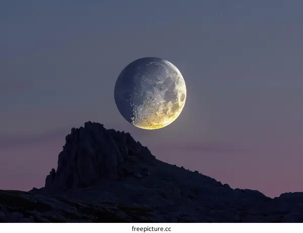 The full moon rises over a mountain peak