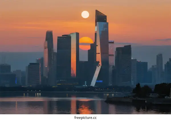 Sunrise Over Modern Cityscape with Skyscrapers Reflecting on Water