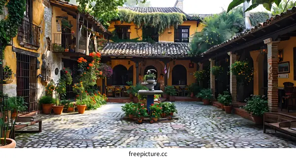 Courtyard with a fountain in the middle and plants all around