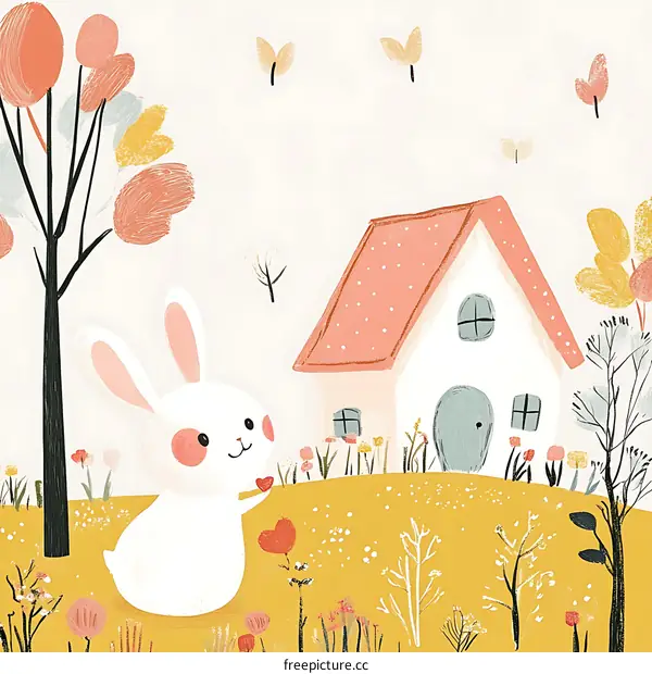 Cute Bunny Holding Heart in Front of a Small House