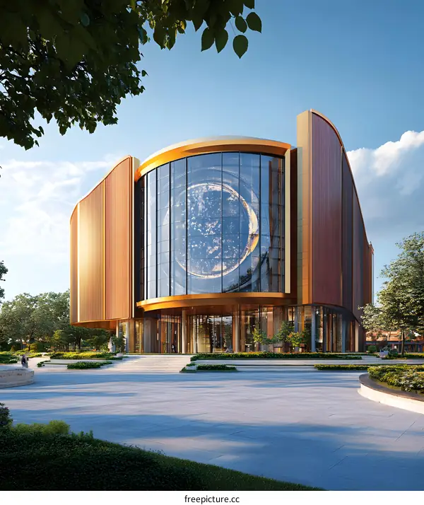 Modern Building With Golden Exterior and Large Circular Window