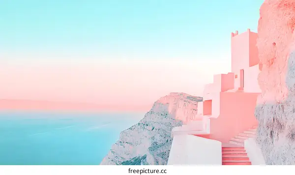 Pink Building on a Cliff Overlooking the Ocean