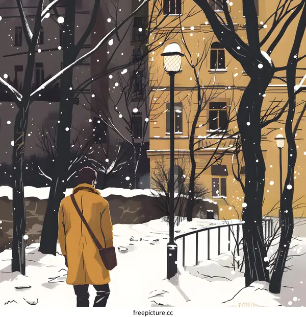 Man Walking in Snowy City Park