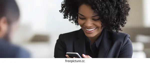 Smiling African American Woman Using Phone in Office