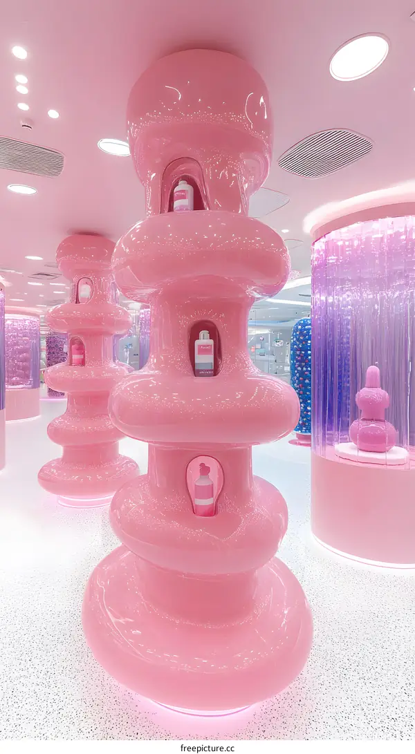 Pink Abstract Design Interior with Glossy  Shapes