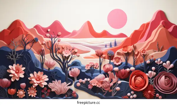 Pink flowers and blue mountains illustration