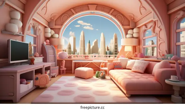 Pink City View Living Room: Cozy Apartment Interior