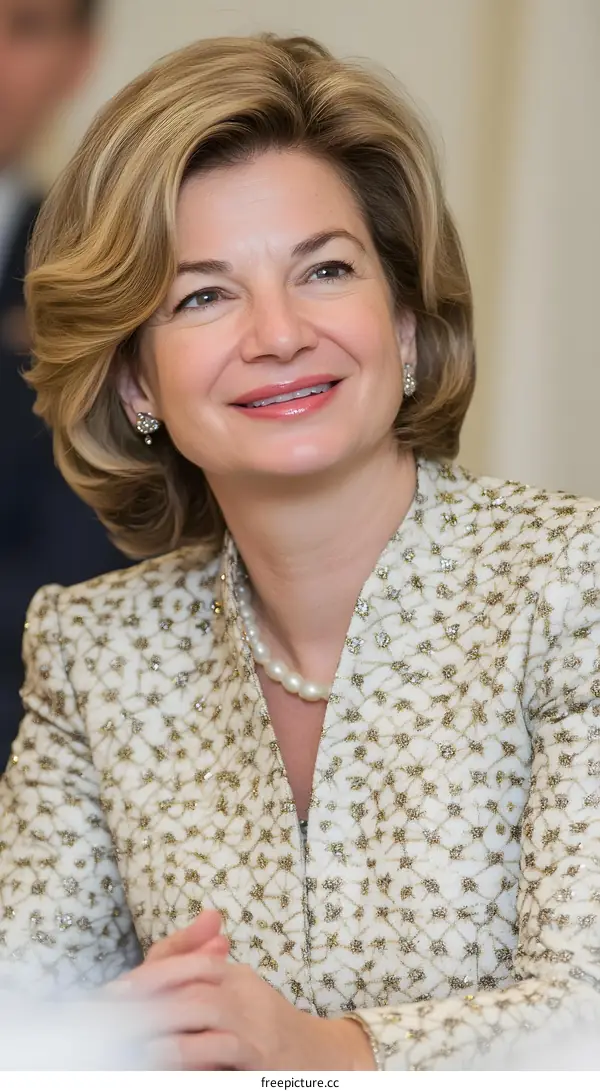 Portrait of a Blonde Woman with a Pearl Necklace Smiling