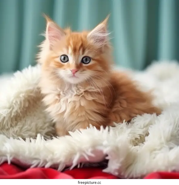A fluffy orange kitten sits on a white blanket