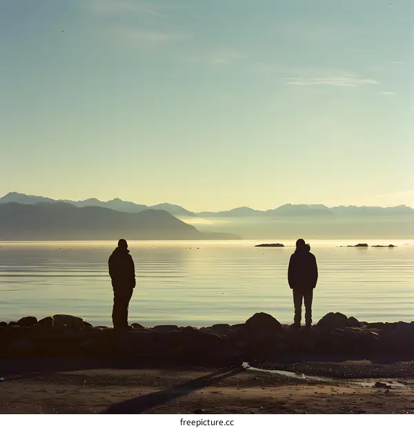 Two Men Silhouetted Against the Mountains and Sea