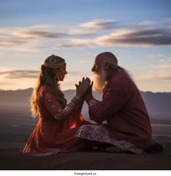 An old man and woman, both with long white hair, are sitting on a rock in the desert. They are holding hands and looking at each other. The sun is setting in the background.