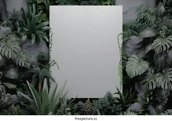 Blank White Canvas Surrounded by Lush Green Foliage