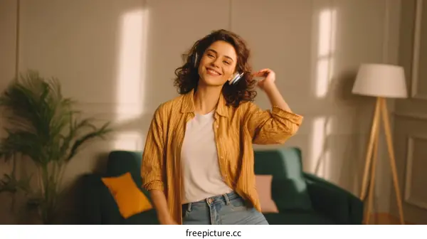 Happy Young Woman Wearing Headphones in Bright Living Room